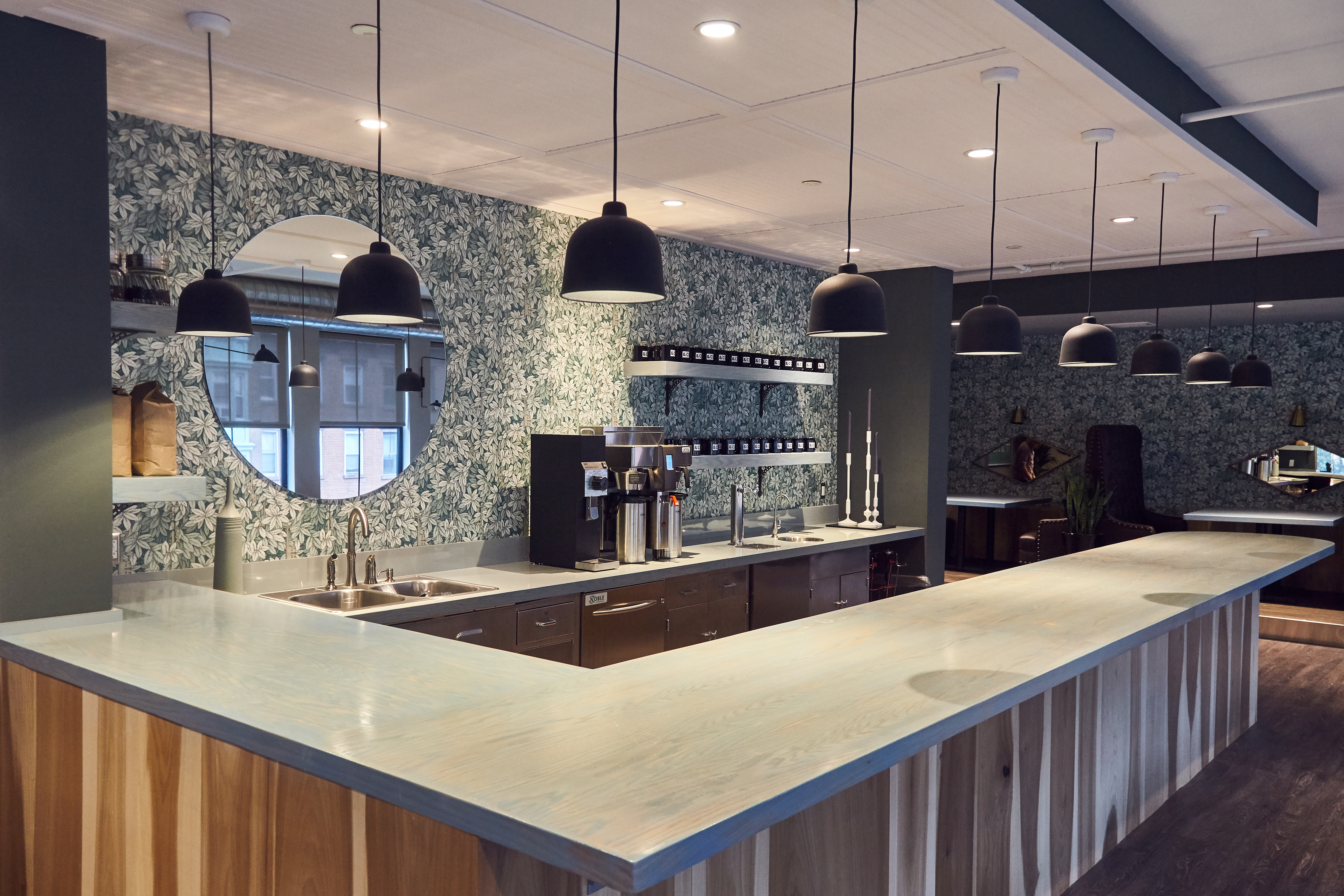 The work bar is given added atmosphere with a variety of light sources.